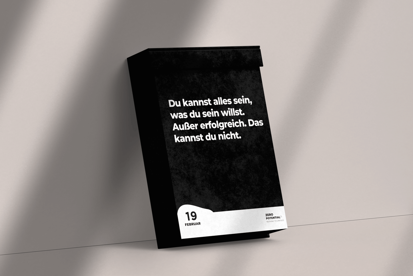 Eine grelle Schwarz-Weiß-Seite aus dem „2025 Demotivierender Kalender 365 Tage | Abreisskalender für jeden Tag“ von ZERO POTENTIAL lehnt an einer Wand und bietet ihre tägliche Dosis Demotivation. Der deutsche Text lautet: „Du kannst alles sein, was du sein willst. Außer erfolgreich. Das kannst du nicht.“ Datum: 19. Februar.